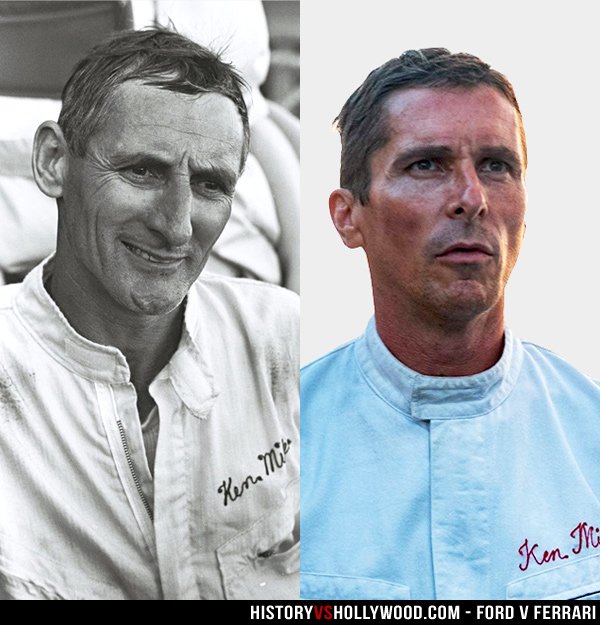 Driver Ken Miles (left) at Le Mans in 1966 and Christian Bale (right) as Miles in the movie. Photos: The Henry Ford / 20th Century Fox